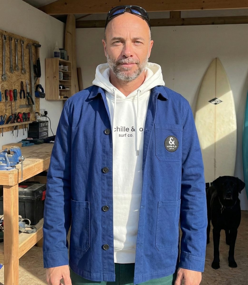 Yogi Pascaud dans son atelier, en veste et sweat Achille & Jo