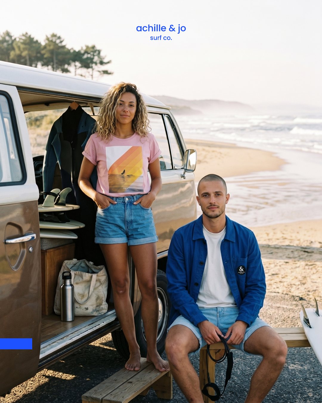 Campagne Achille & Jo : deux surfeurs devant un van sur la plage