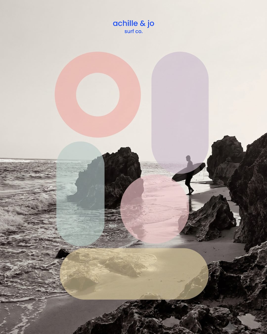 Affiche graphique Achille & Jo : formes colorées sur une photo de surfeur