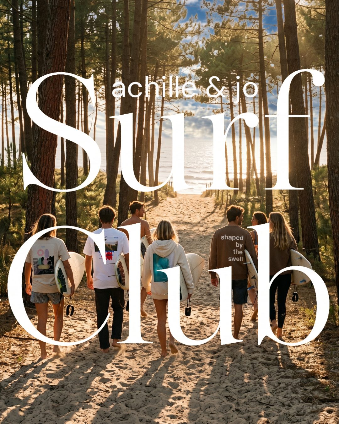 Affiche Achille & Jo Surf Club : un groupe de surfeurs en chemin vers la plage